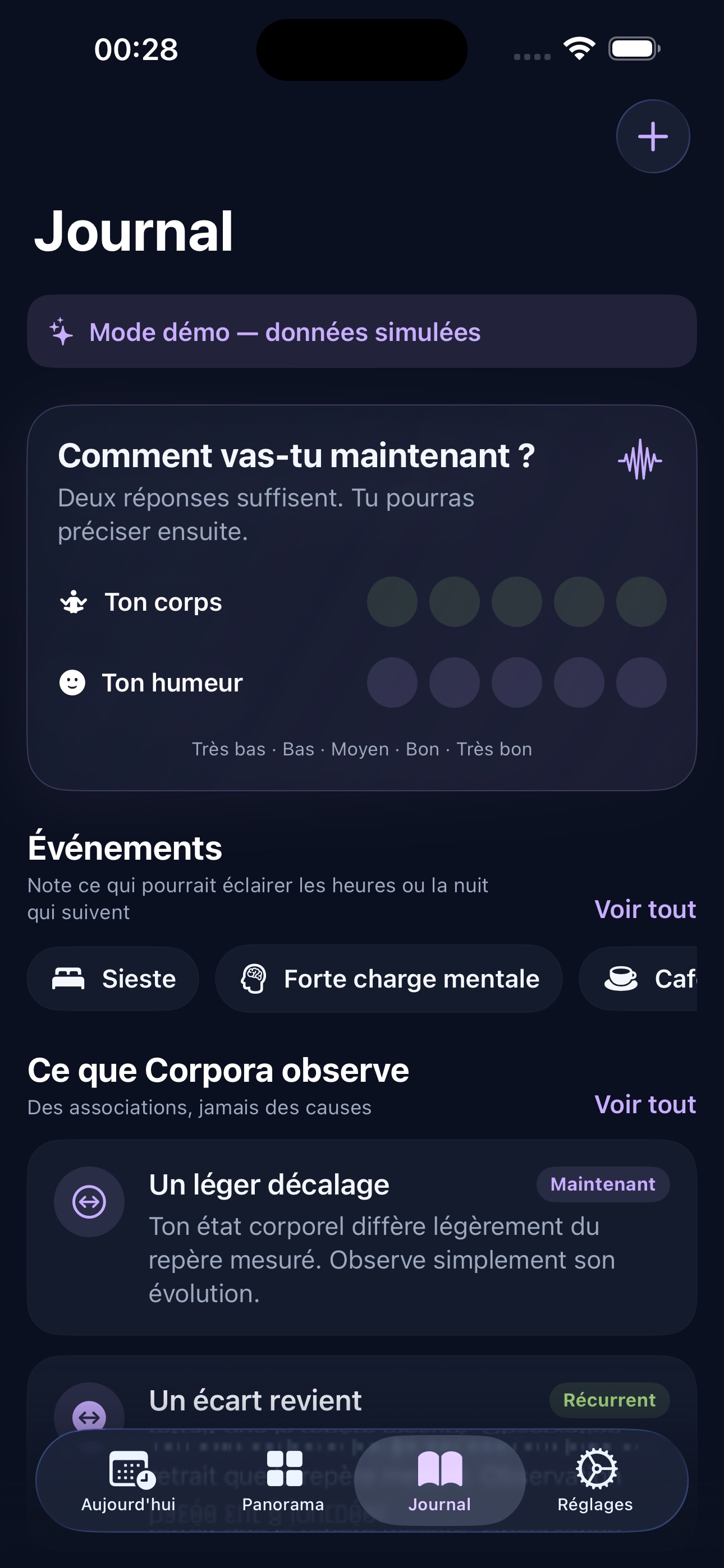 Nouveau Journal Corpora en mode Démo montrant le check-in corps et humeur, les événements favoris et des observations non causales.
