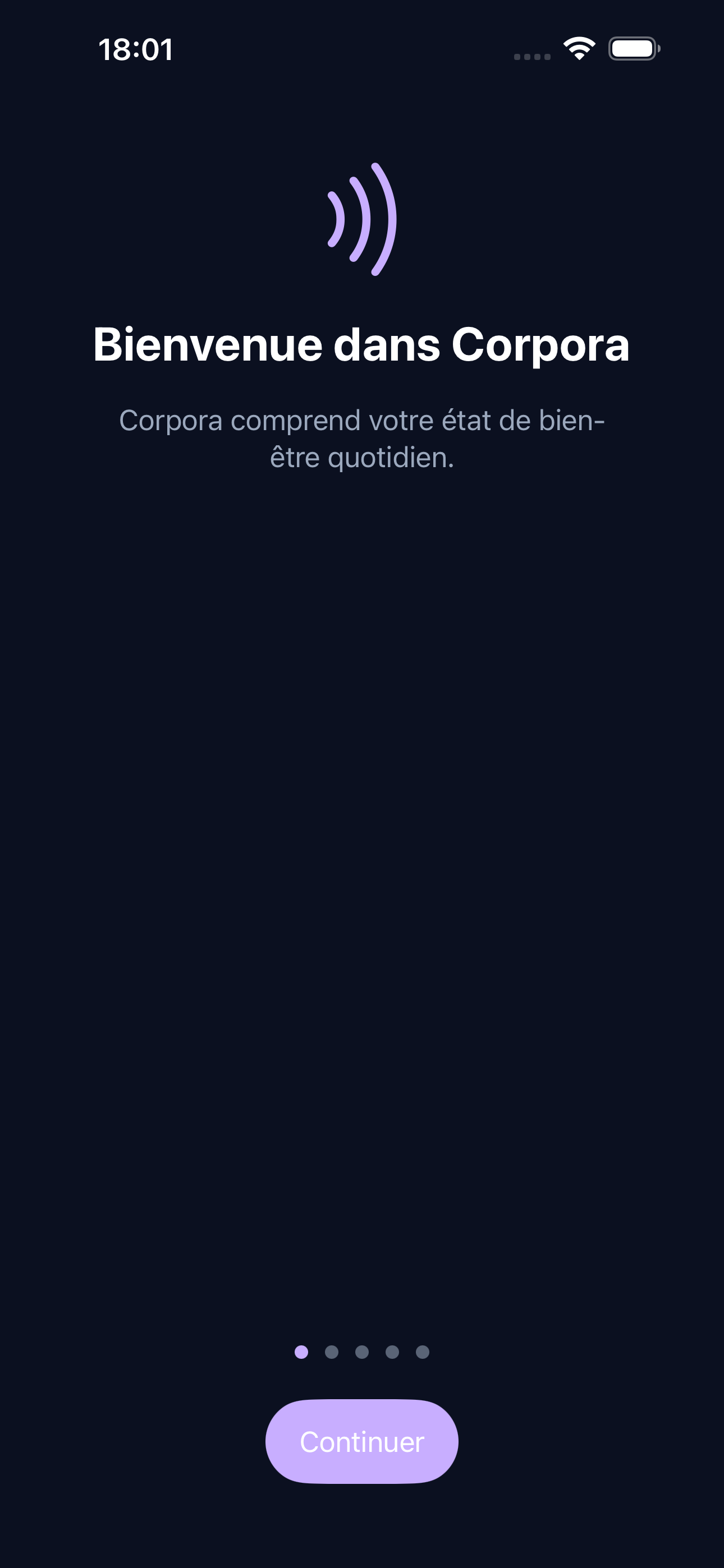 Premier écran de l’onboarding Corpora souhaitant la bienvenue.