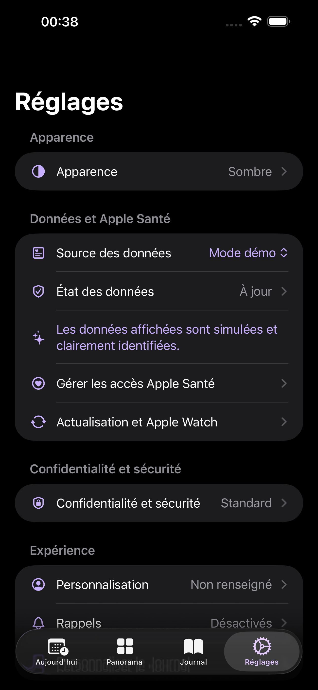 Réglages Corpora montrant l’apparence sombre, le mode Démo, Apple Santé et la confidentialité.